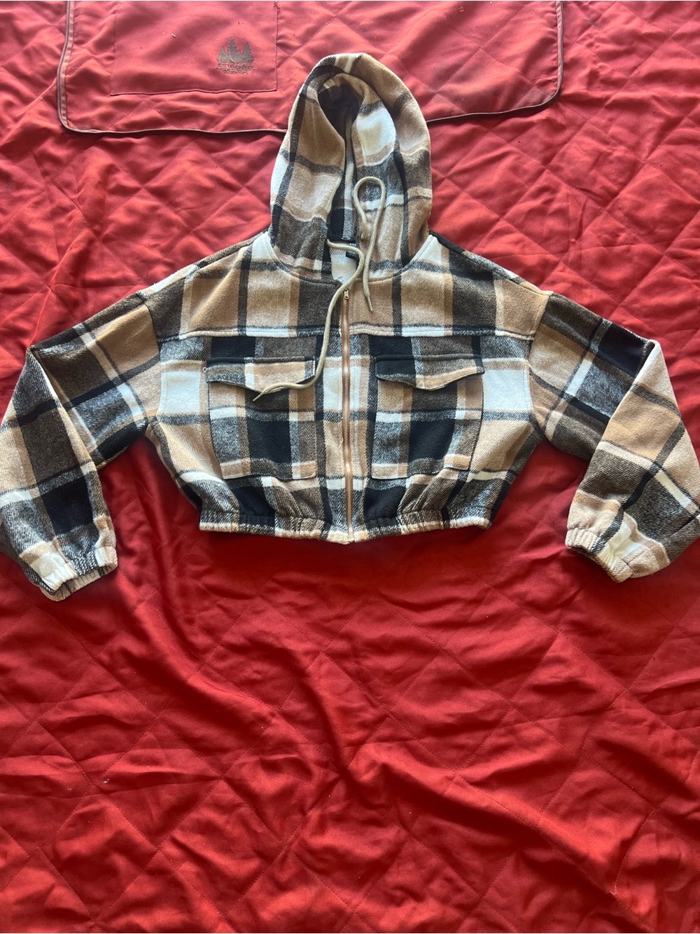 Shein Cropped Plaid Hooded Zip-Up Shirt Jacket - Beige & Black Size M